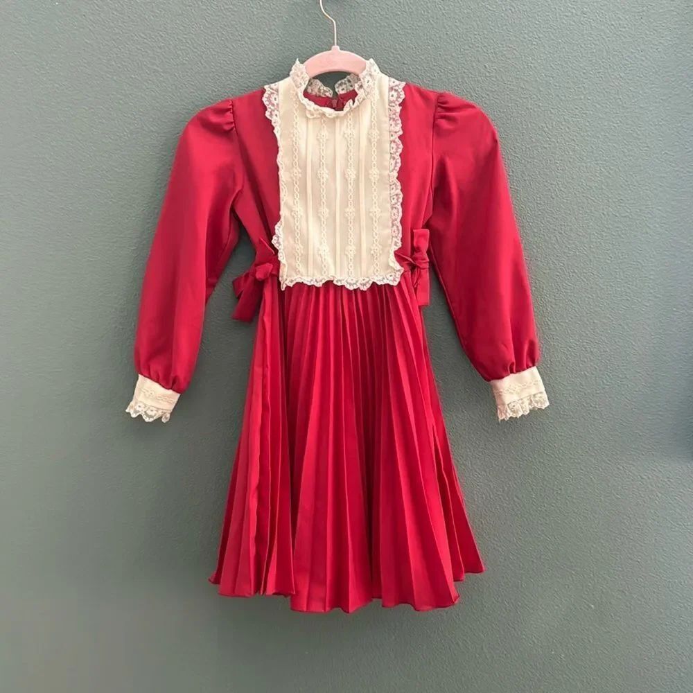 Vintage Dorissa of Miami Girls Holiday Dress Pleated Bow Detail Sz 7